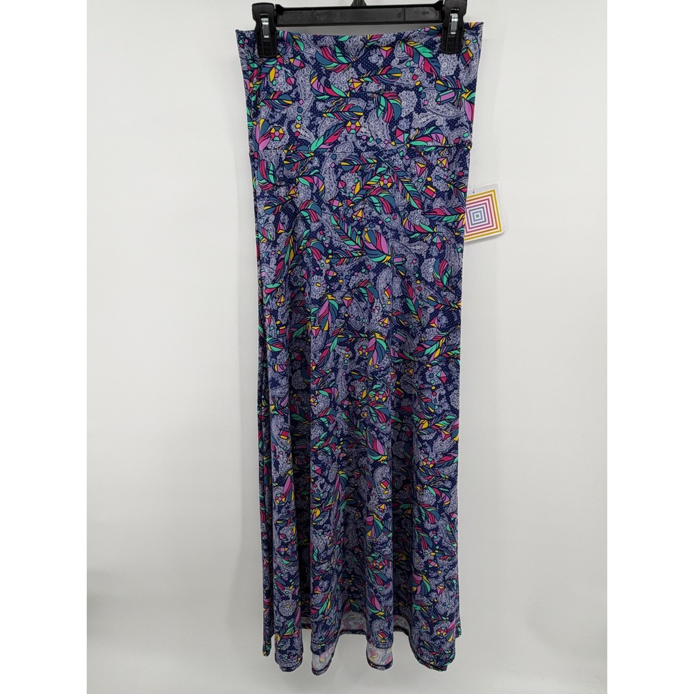 LuLaRoe Maxi Skirt XS Navy Blue Pink Teal Geometric Feather Paisley Print NWT